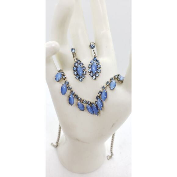 Vintage Jewelry - Vintage Blue Necklace Choker Earrings Set Givre Glass Moonstone Rhinestone 1950s